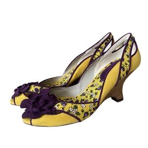 Ruby Shoo Peep Toe Wooden Wedge Yellow and Purple Size 7